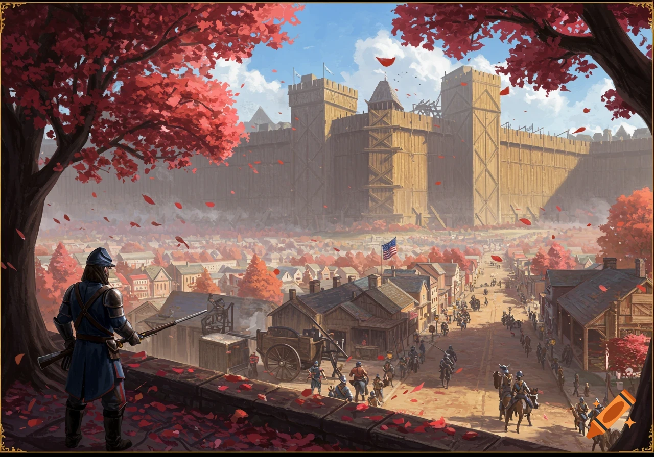 An illustration of a soldier overlooking a bustling fantasy town street with a large wooden wall in the distance, red leaves falling.