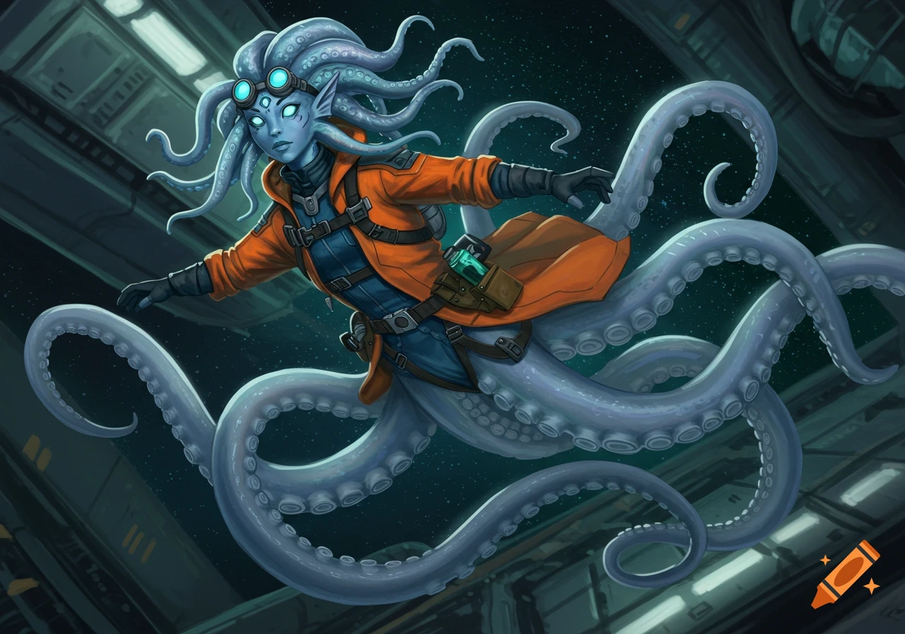 Alien creature with tentacles and goggles swimming through a sci-fi space environment.