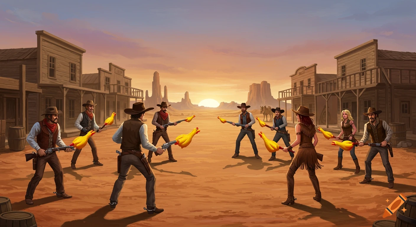 Western street standoff with cowboys and cowgirls holding rubber chickens at sunset.