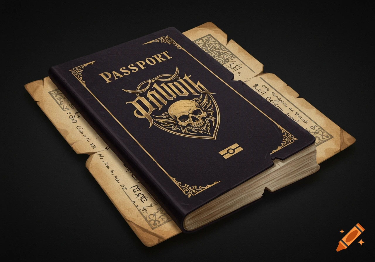 Gothic passport with gold lettering and skull design on old paper.