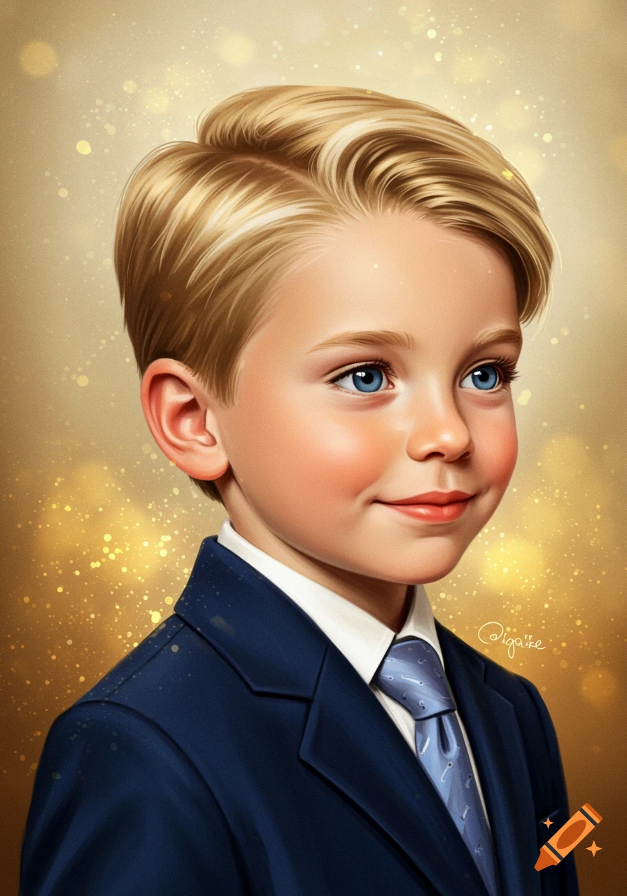 A portrait of a blonde boy with blue eyes wearing a blue suit and tie against a gold background.