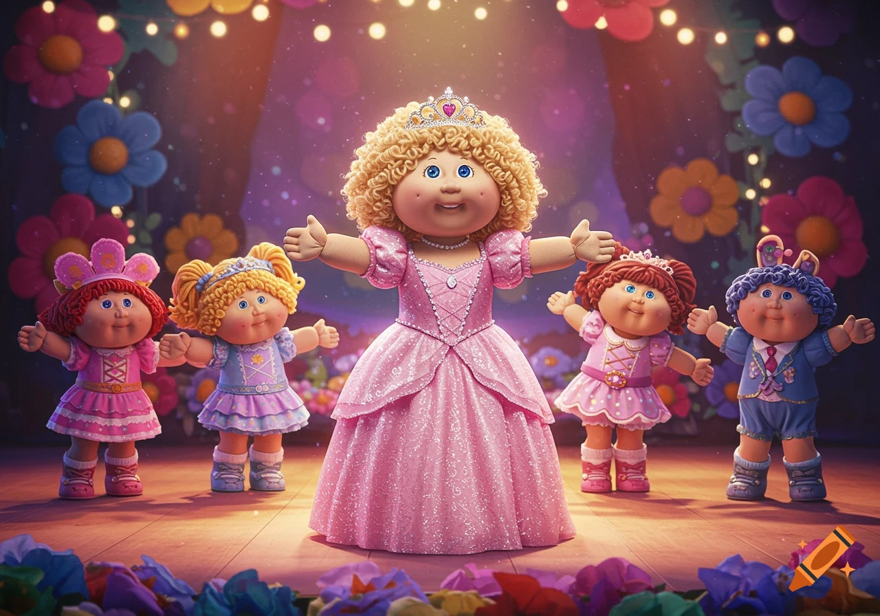 A group of Cabbage Patch Kids dolls on a stage, one in a pink princess dress.