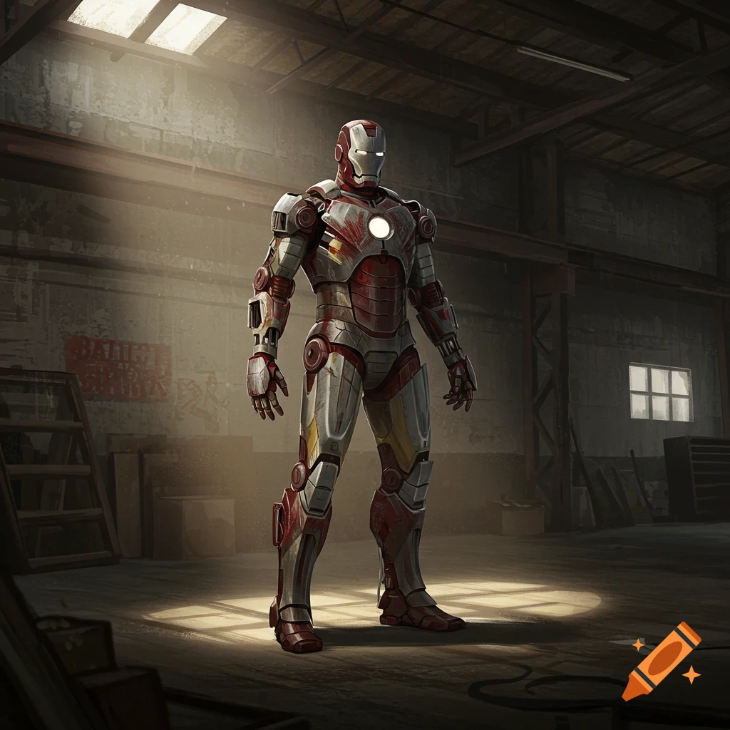 Iron Man Mark 1 armor stands in a dimly lit workshop spotlight