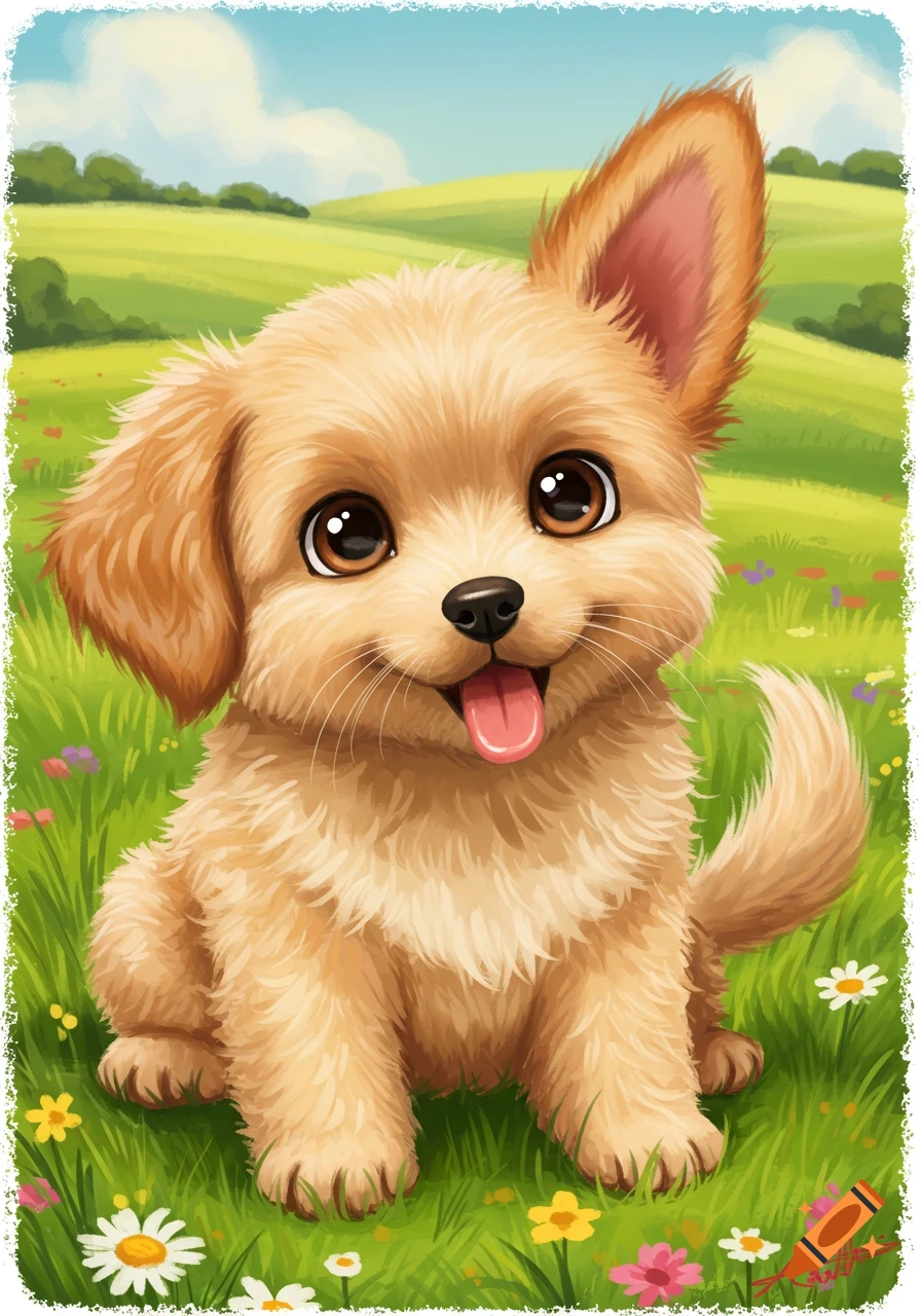 Cute cartoon puppy sitting in a grassy field with flowers.