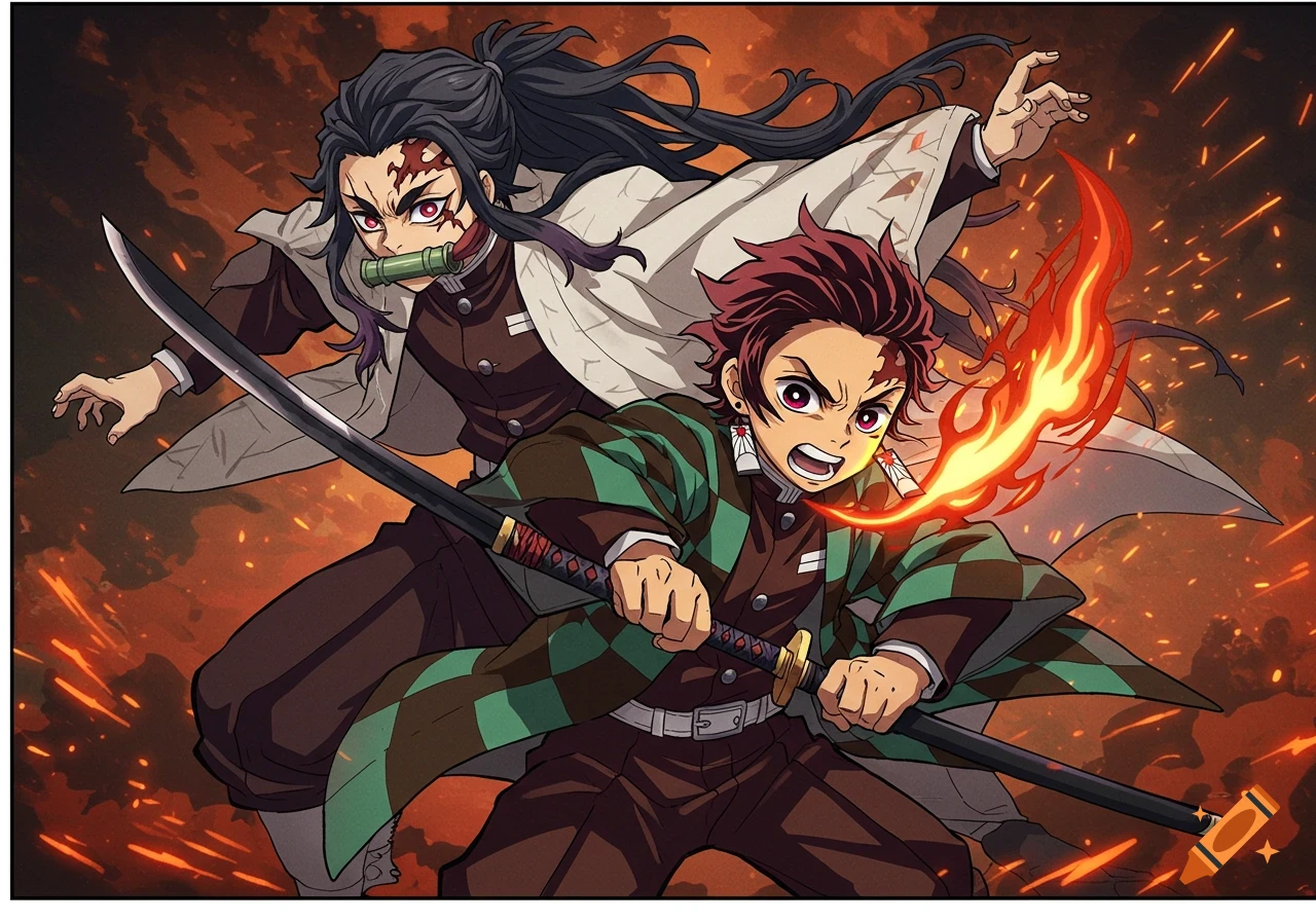 Two anime characters, one with a bamboo muzzle and the other with fire around his sword, in an action pose.