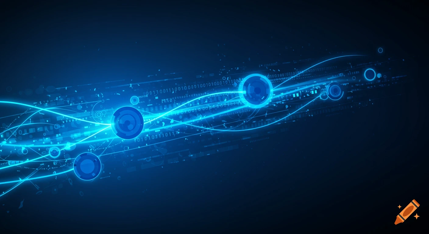 Abstract graphic background with glowing blue lines, circles, and scattered binary code on a dark background.