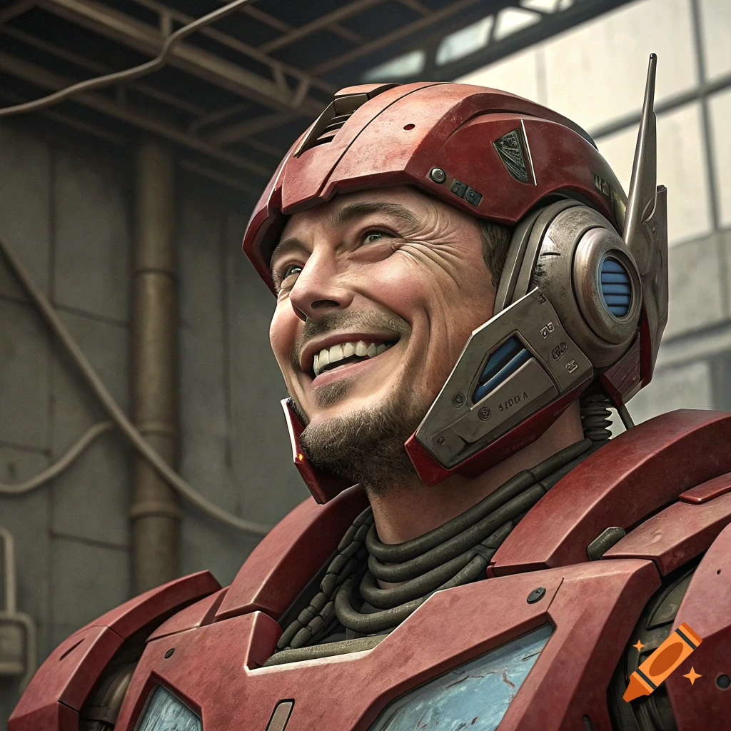 Smiling man wearing a red robot suit and helmet in an industrial setting.