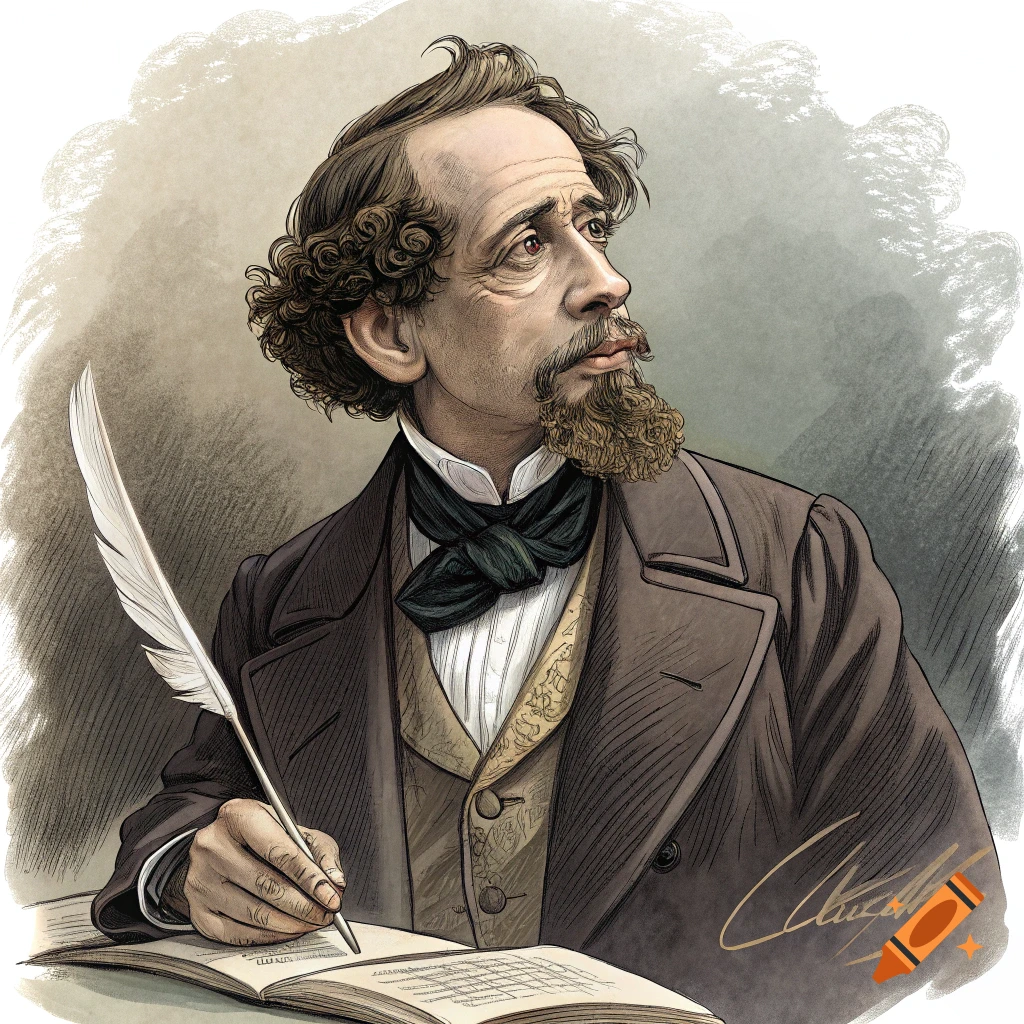 Colored illustration of Charles Dickens writing with a quill pen