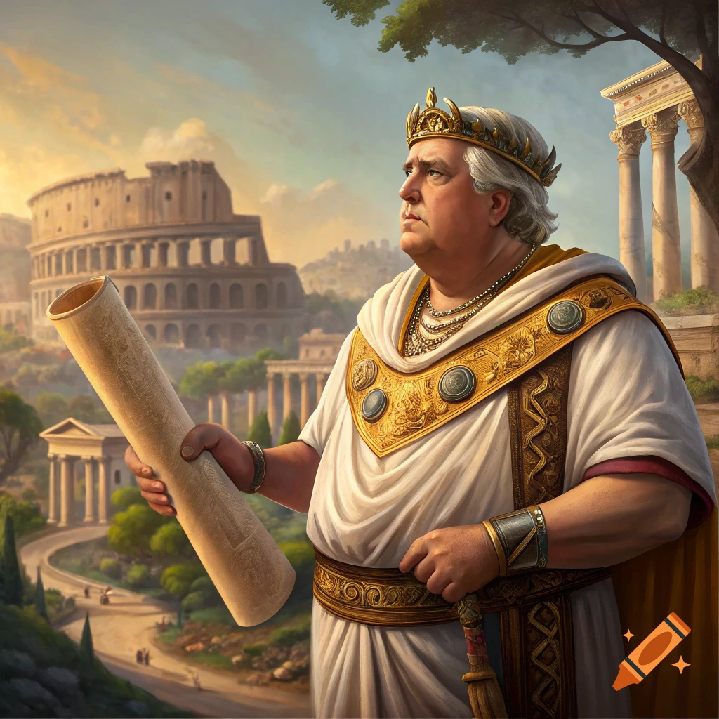 A man in a crown and Roman attire holds a scroll with the Colosseum in the background.