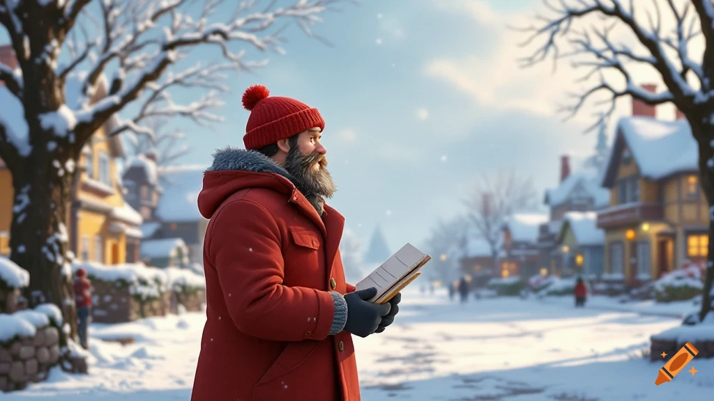 A bearded man in a red coat stands in a snowy village holding a book, rendered in an animation style.