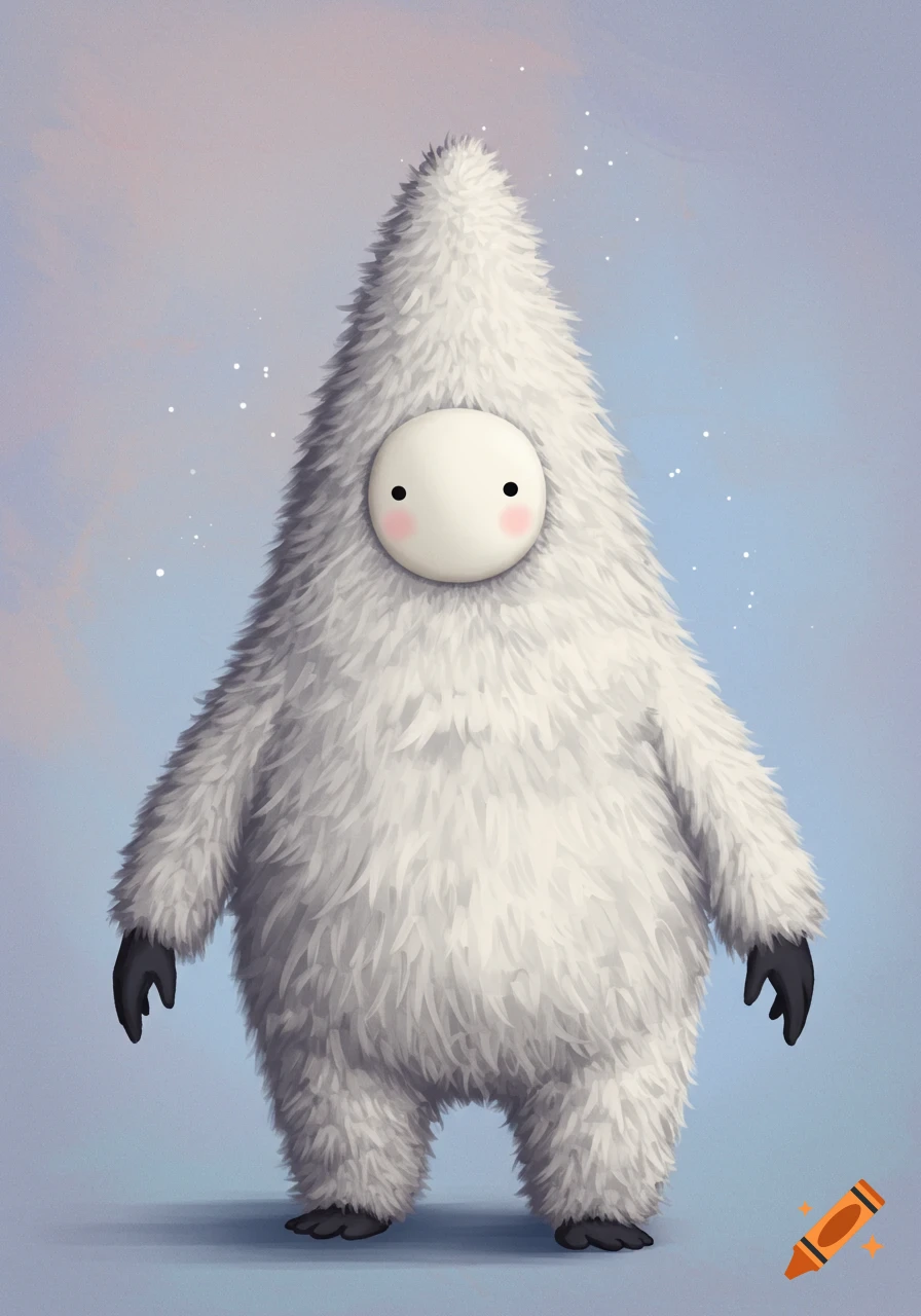 Illustration of a fluffy, cone-shaped white creature with a round mask-like face, small eyes, pink cheeks, and black hands and feet.
