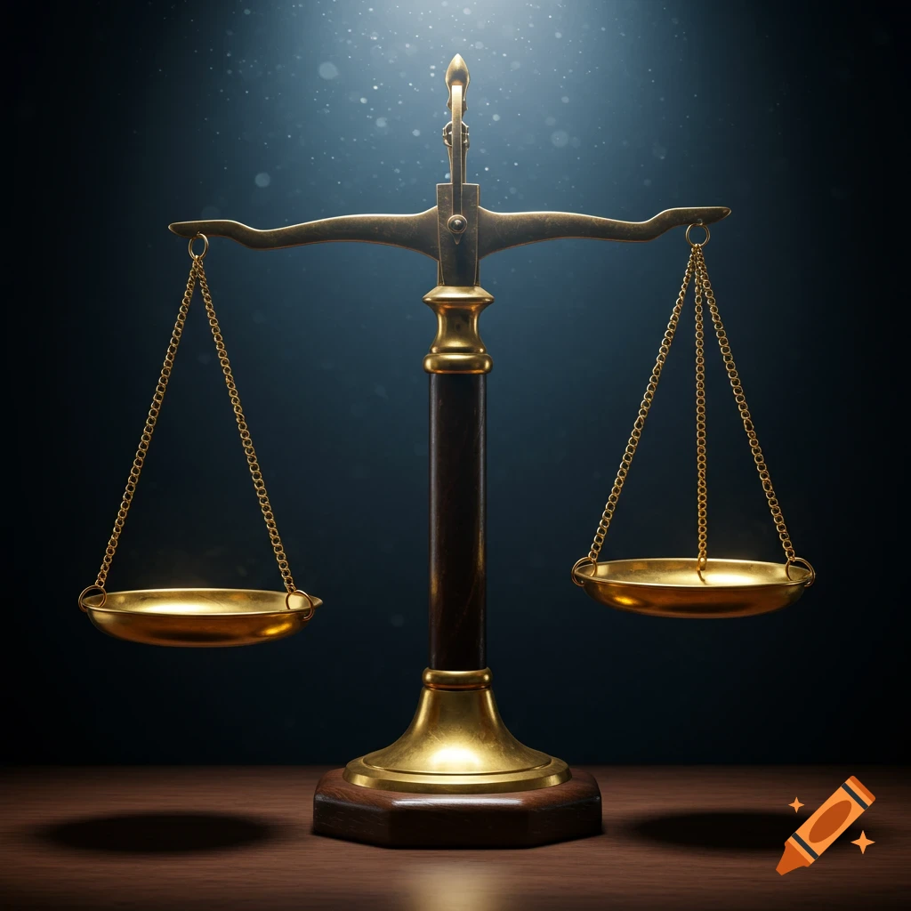 A photorealistic golden scale of justice against a dark background