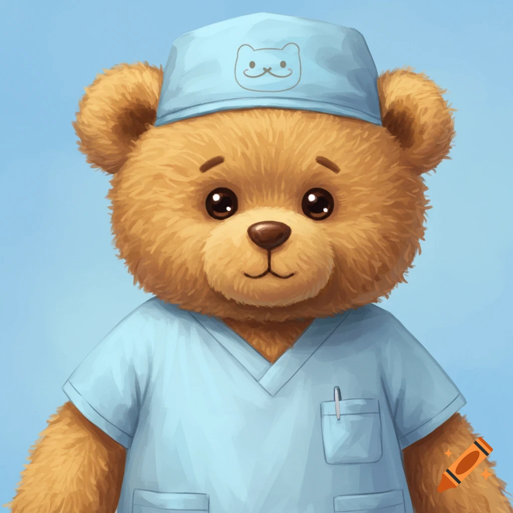 Cute teddy bear wearing blue medical scrubs and cap with a bear logo, digital painting.