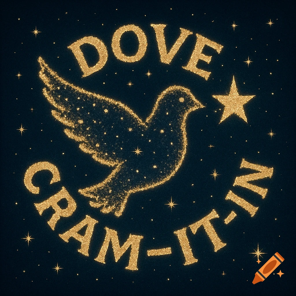 Gold glitter logo with a dove, stars, and the text DOVE CRAM-IT-IN