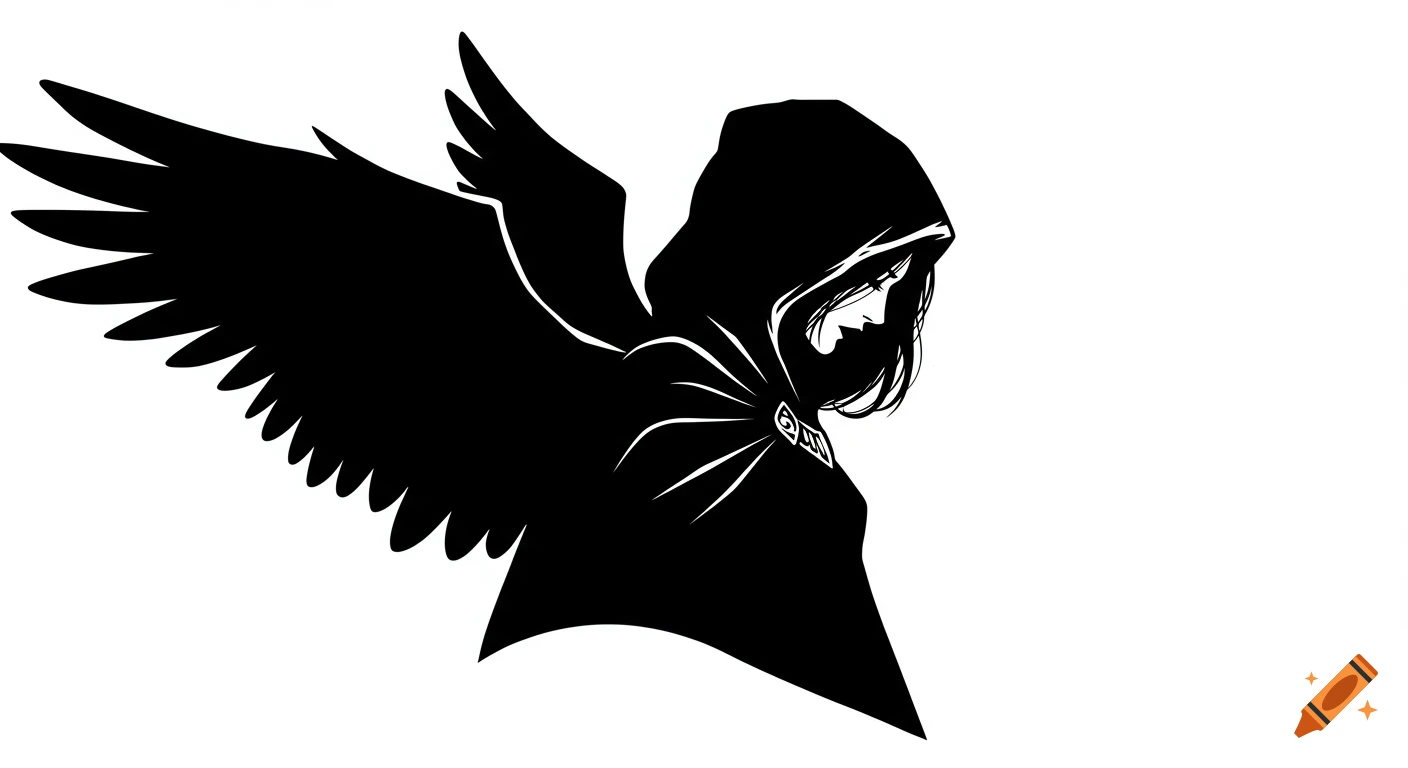 A black and white vector illustration of a hooded figure with large wings in profile.
