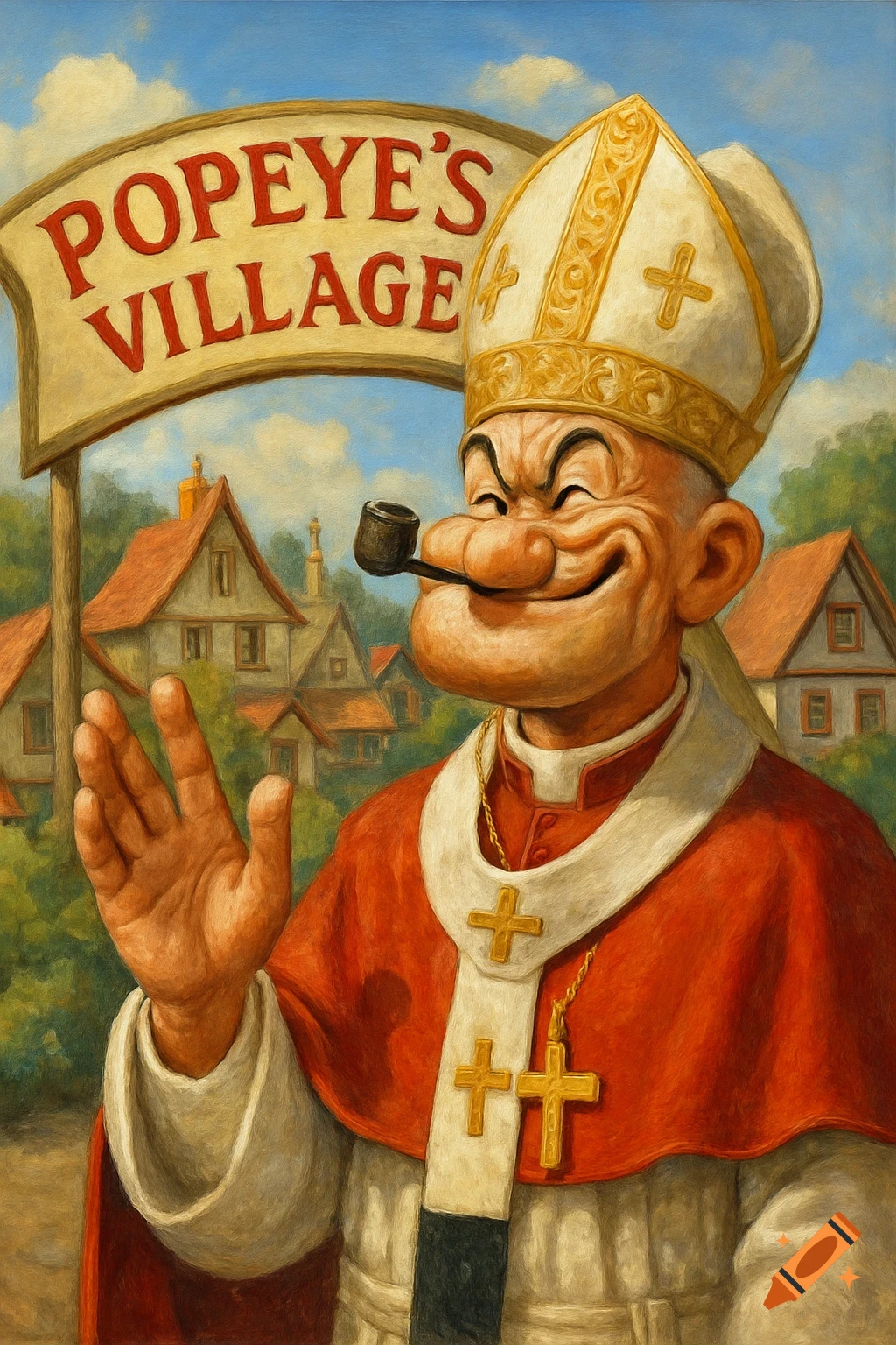 Popeye dressed as the Pope waving in front of a sign for Popeye's Village.