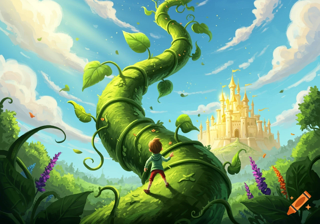 A boy looks up at a giant beanstalk leading to a castle in the sky in an illustration style.