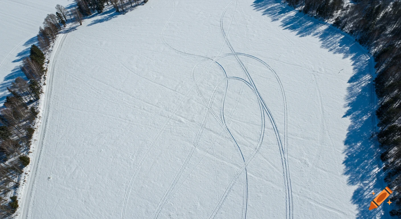 Aerial view of vehicle tracks winding across a snowy field bordered by trees.