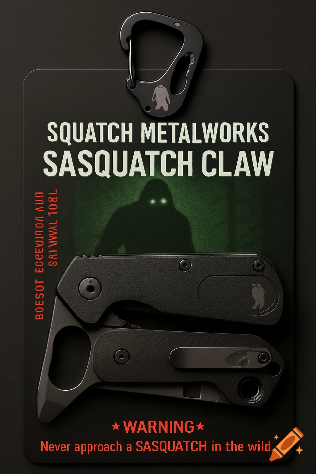 Black knife and carabiner on a black card with a Bigfoot silhouette.