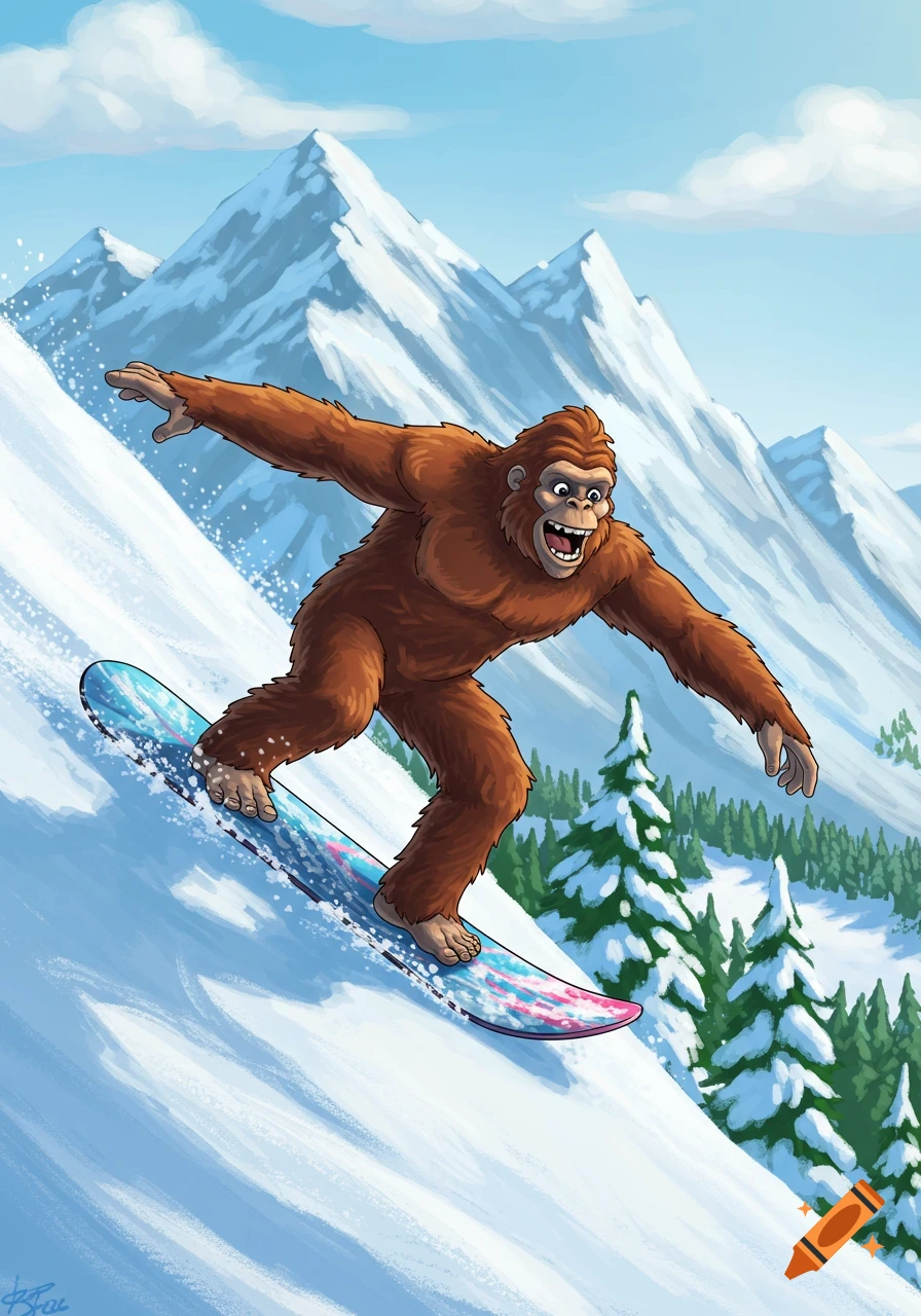 Cartoon Bigfoot snowboarding down a snowy mountain slope