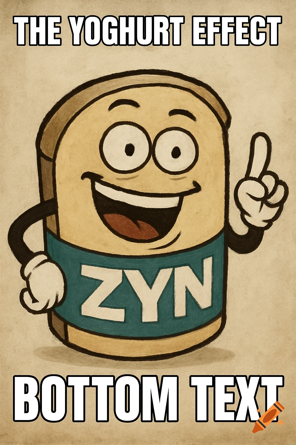 Cartoon meme of a smiling Zyn pouch character with top text 'THE YOGHURT EFFECT' and bottom text 'BOTTOM TEXT'.