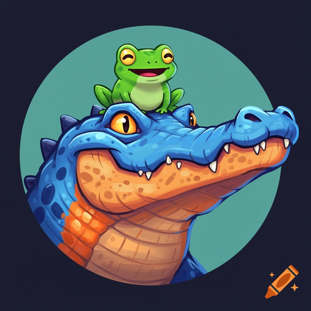 Cartoon blue and orange alligator head with a green frog on top for a circular avatar.