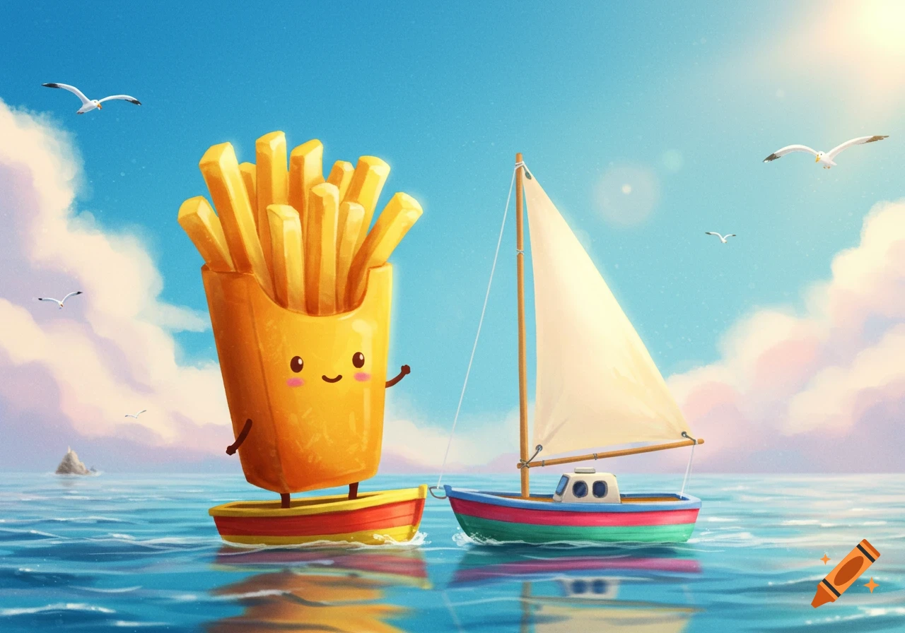 Cartoon French fry character in a boat beside a sailboat on the ocean with seagulls flying