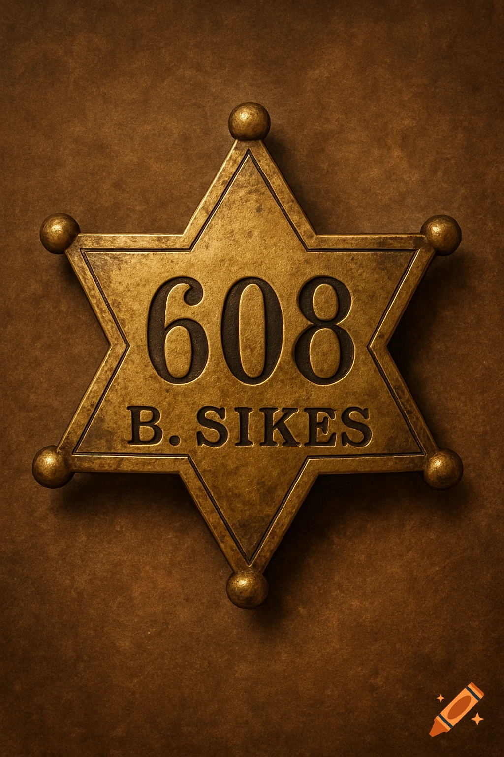 Close-up of a gold sheriff's star badge with the number 608 and name B. Sikes engraved on it.