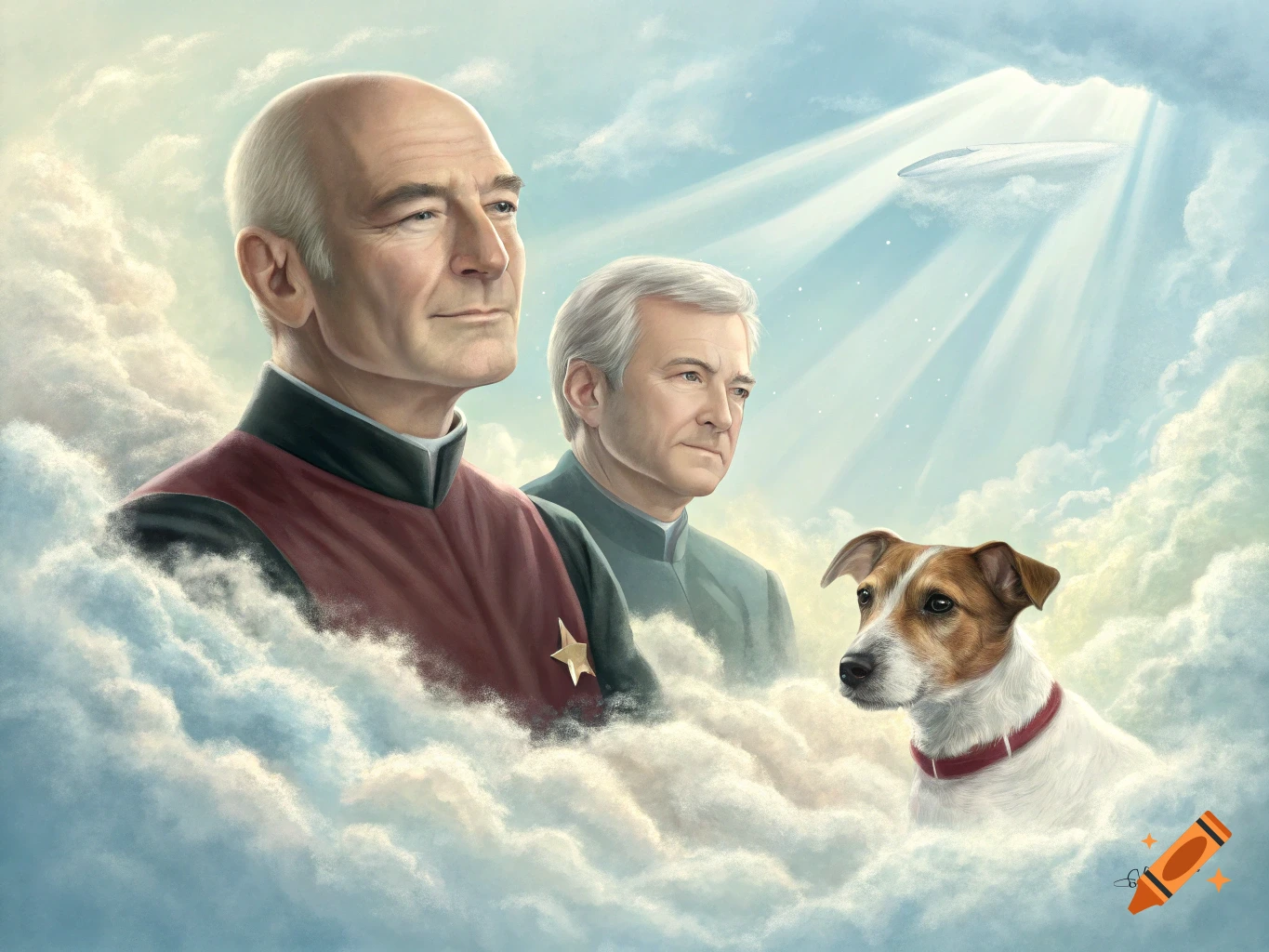 Painting of Captain Picard, President Bartlet, and a Jack Russell in clouds with a spaceship.