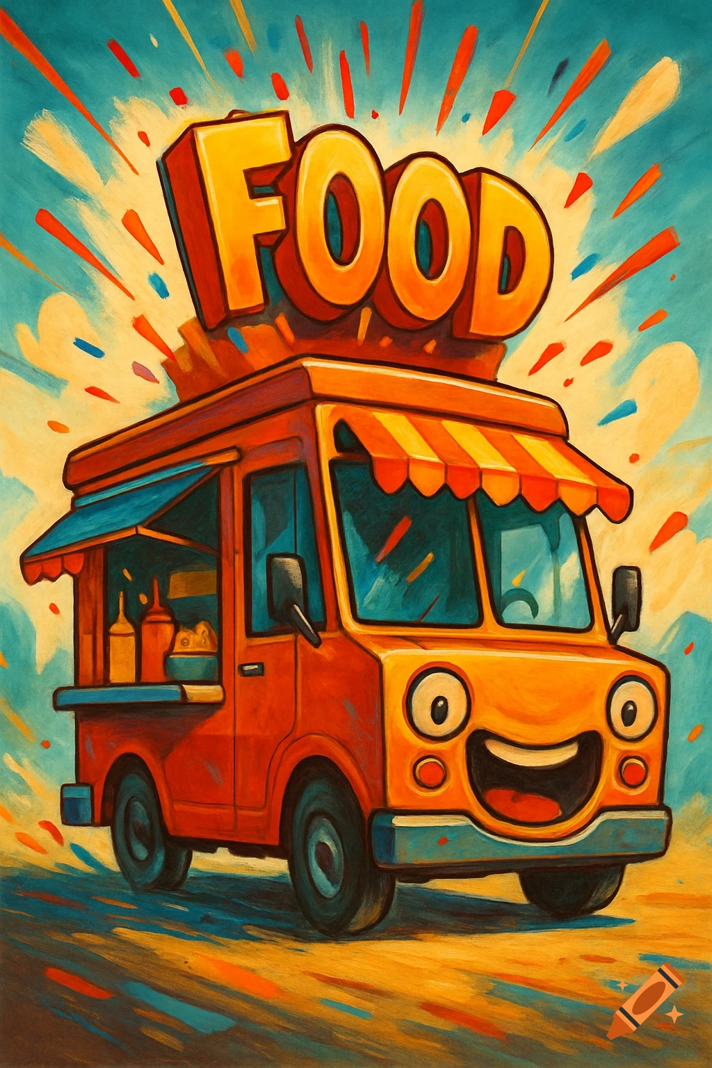 A happy cartoon food truck with the word FOOD on top in a painterly style.