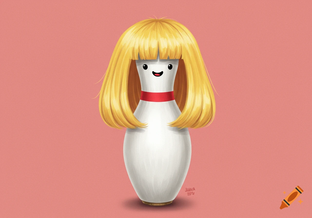 Illustration of a white bowling pin character wearing a blonde wig and smiling.