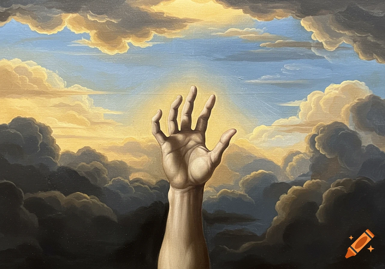 A renaissance painting of a hand reaching upwards through dark clouds towards a bright, glowing sky.