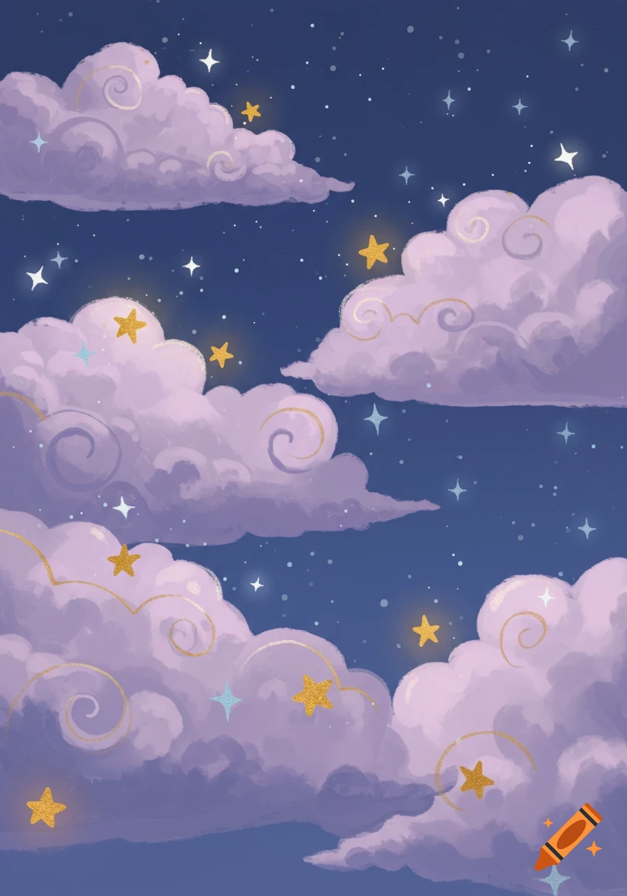 An illustration of purple clouds with golden swirls and stars in a dark blue night sky.