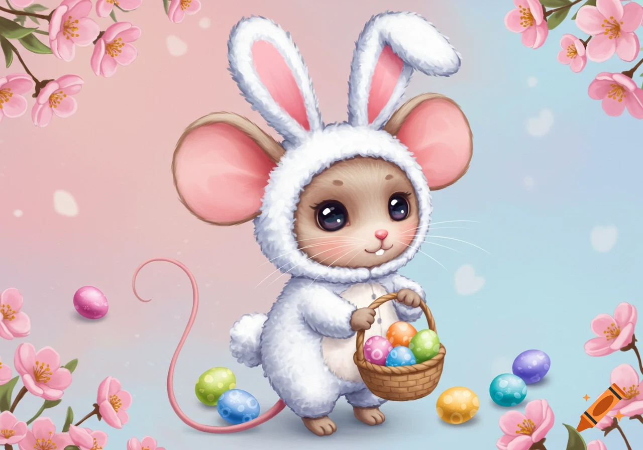 Cute mouse in Easter bunny costume holding a basket of colorful eggs among flowers.