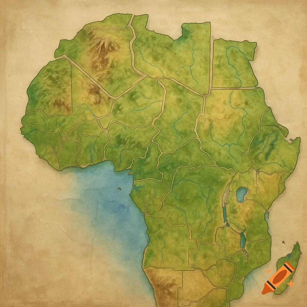 A fragmented map of Africa with physical features, rendered in a watercolor style.