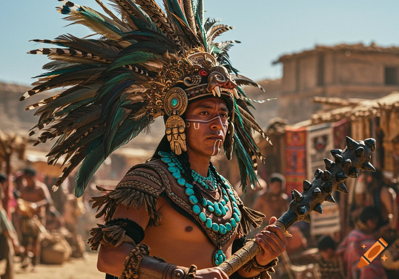 A person in an elaborate Aztec headdress and turquoise jewelry holds a spiked club in an outdoor market.