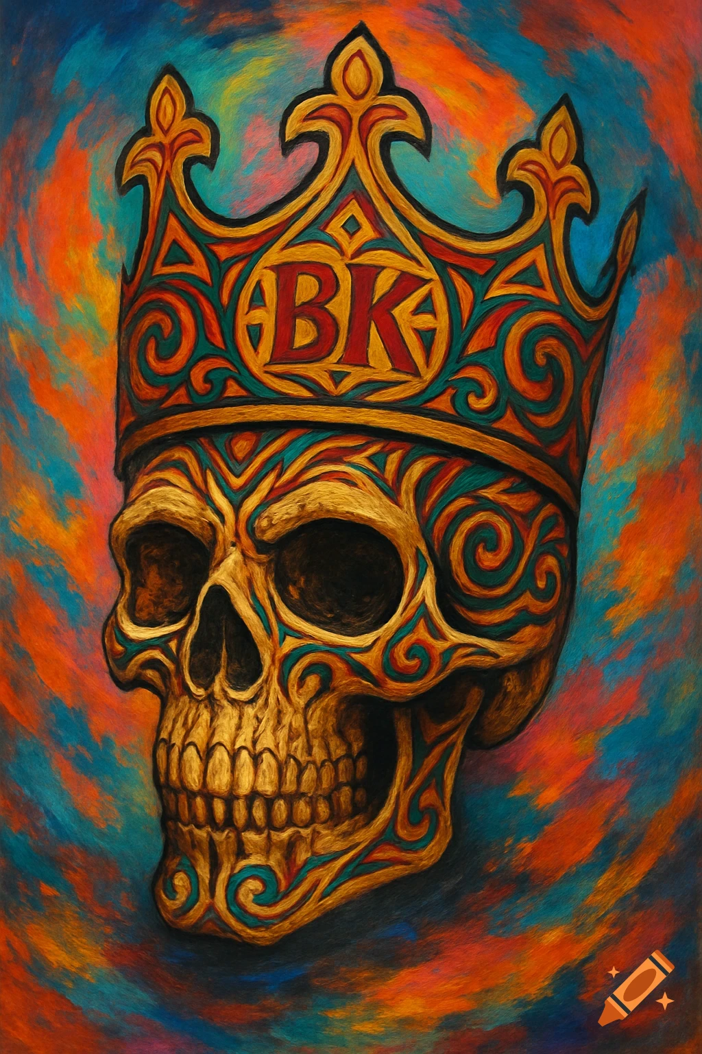 A stylized skull wearing a tribal-themed crown with 'BK' on it, against a colorful painted background.