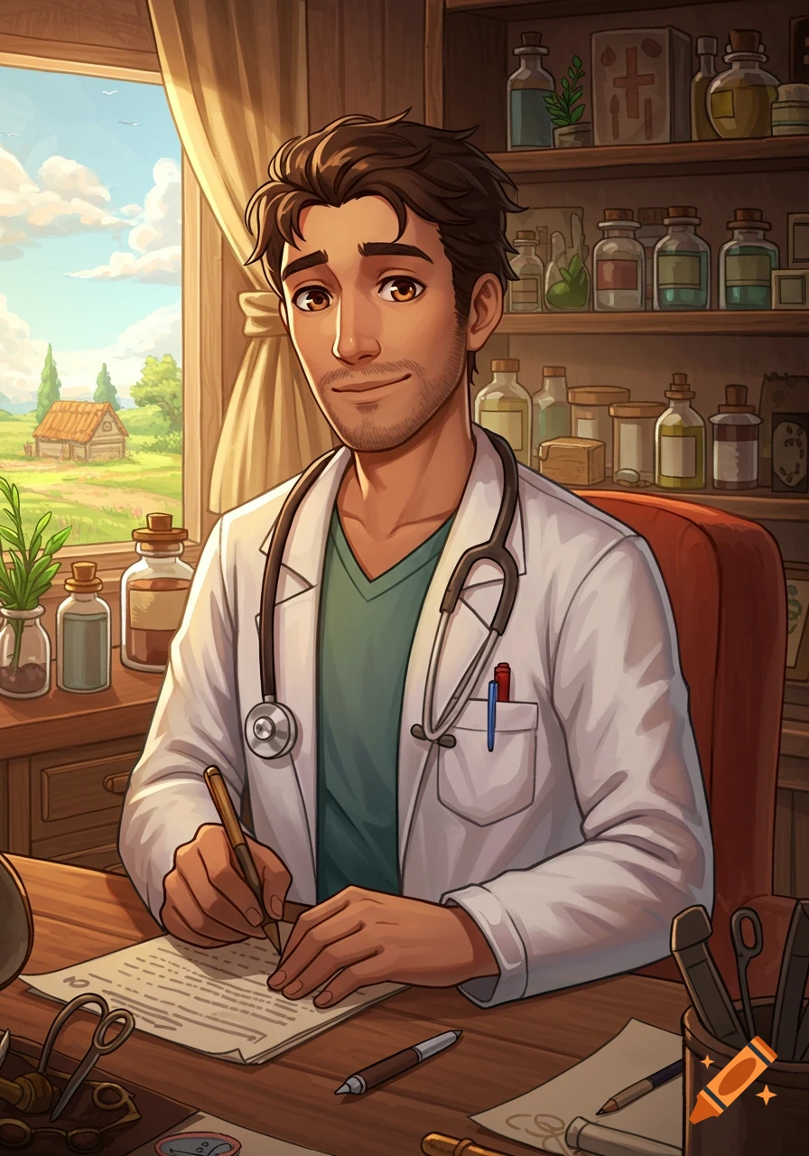 Cartoon illustration of Harvey from Stardew Valley, a doctor in a white coat, sitting at his desk writing.