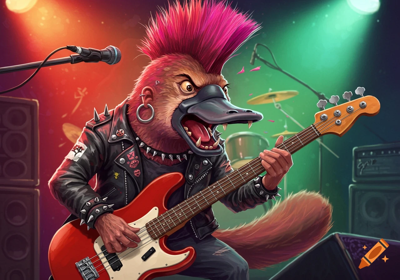 A cartoon platypus with a pink mohawk, leather jacket, and earrings plays a red bass guitar on stage.
