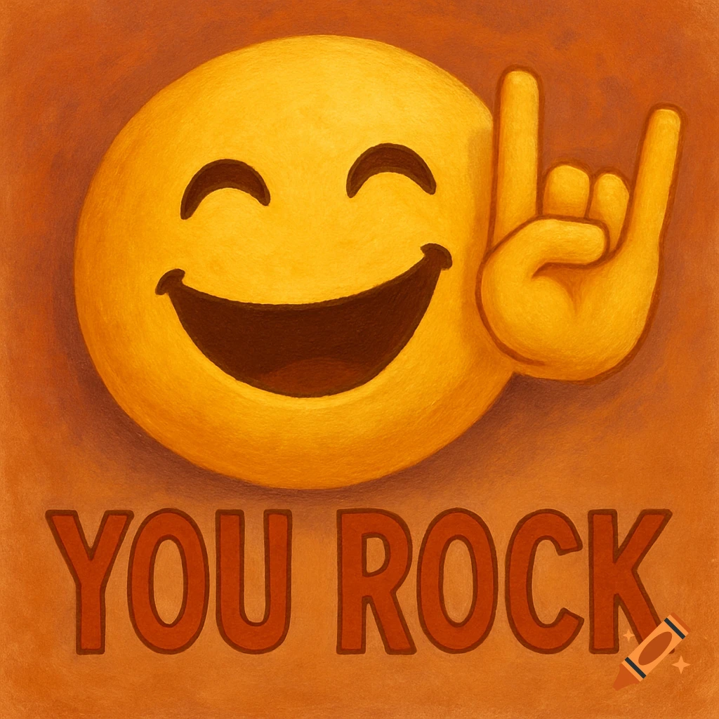 A happy emoji makes a rock and roll sign with the text YOU ROCK below, in a textured, painted style.