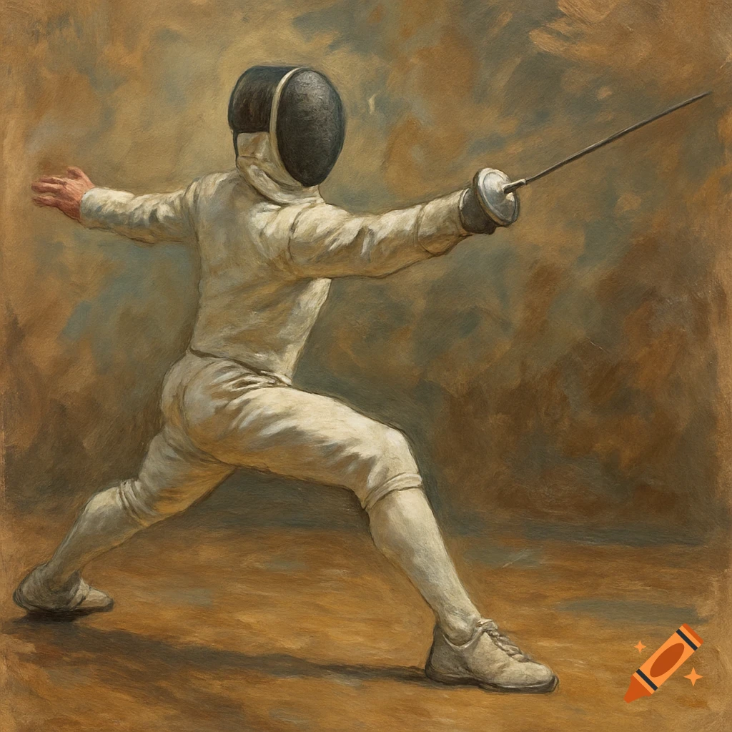 Painting of a fencer in white uniform holding a foil in a defensive pose.