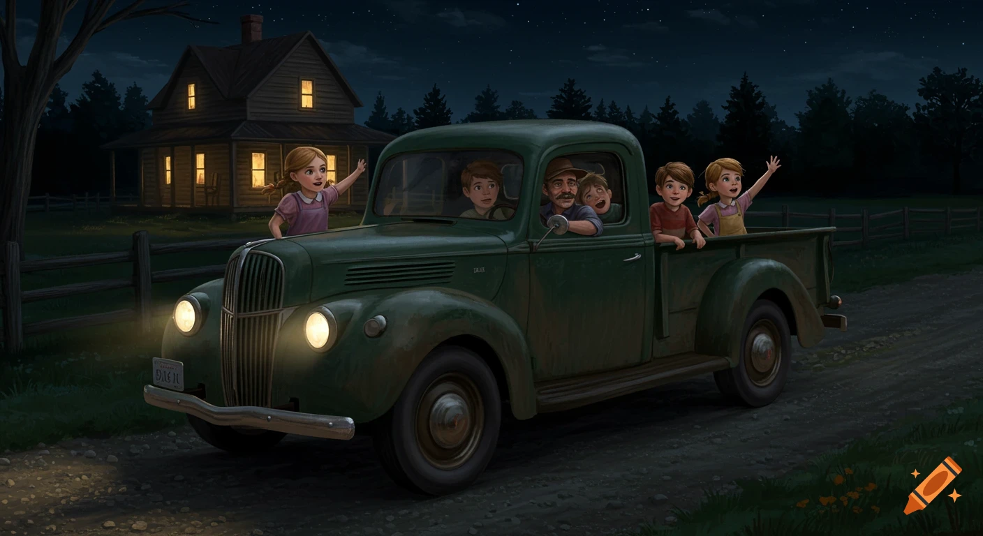 A family in a green vintage pickup truck drives away from a lit farmhouse at night.