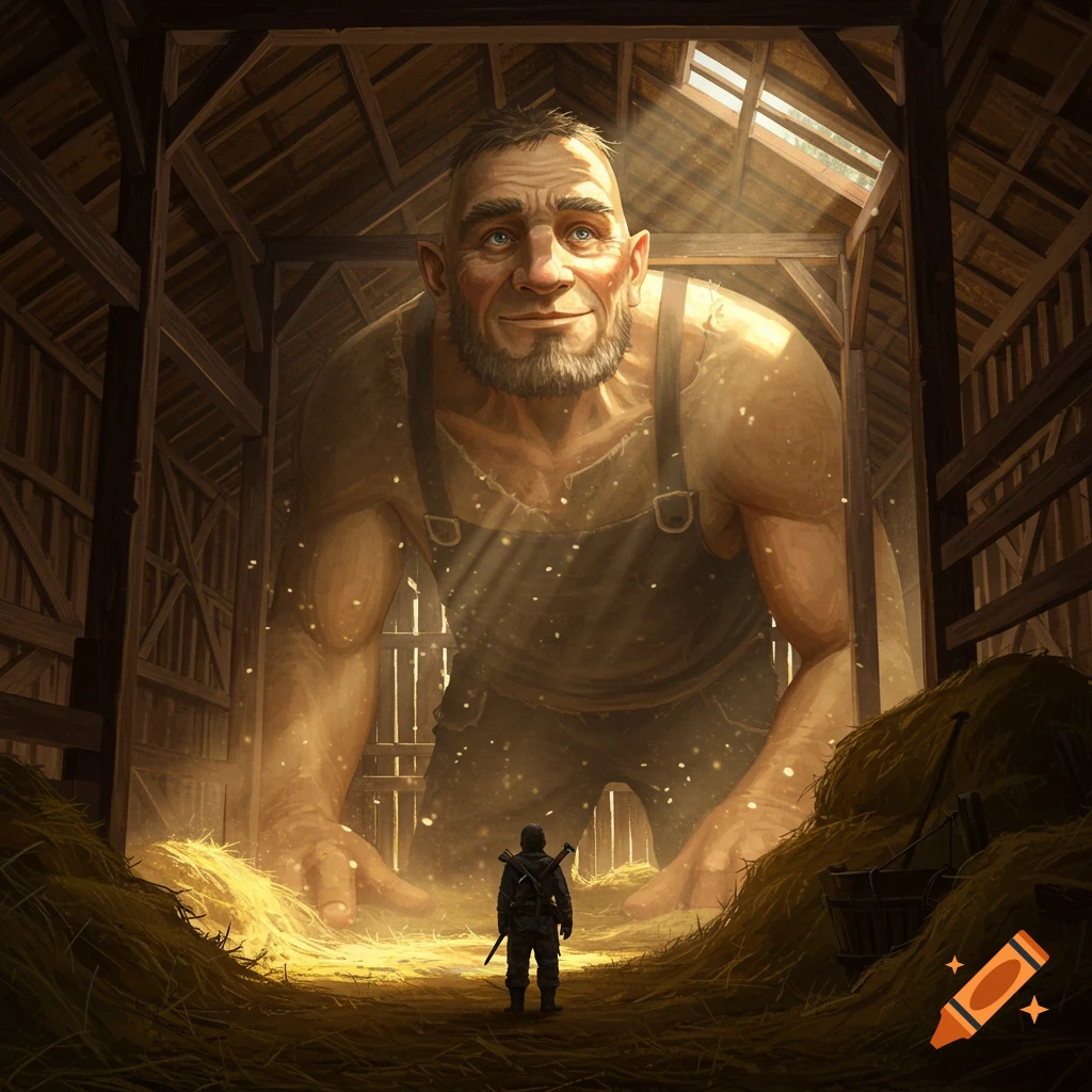 A small figure stands in a dusty barn, looking up at a giant standing before them, lit by sunlight.