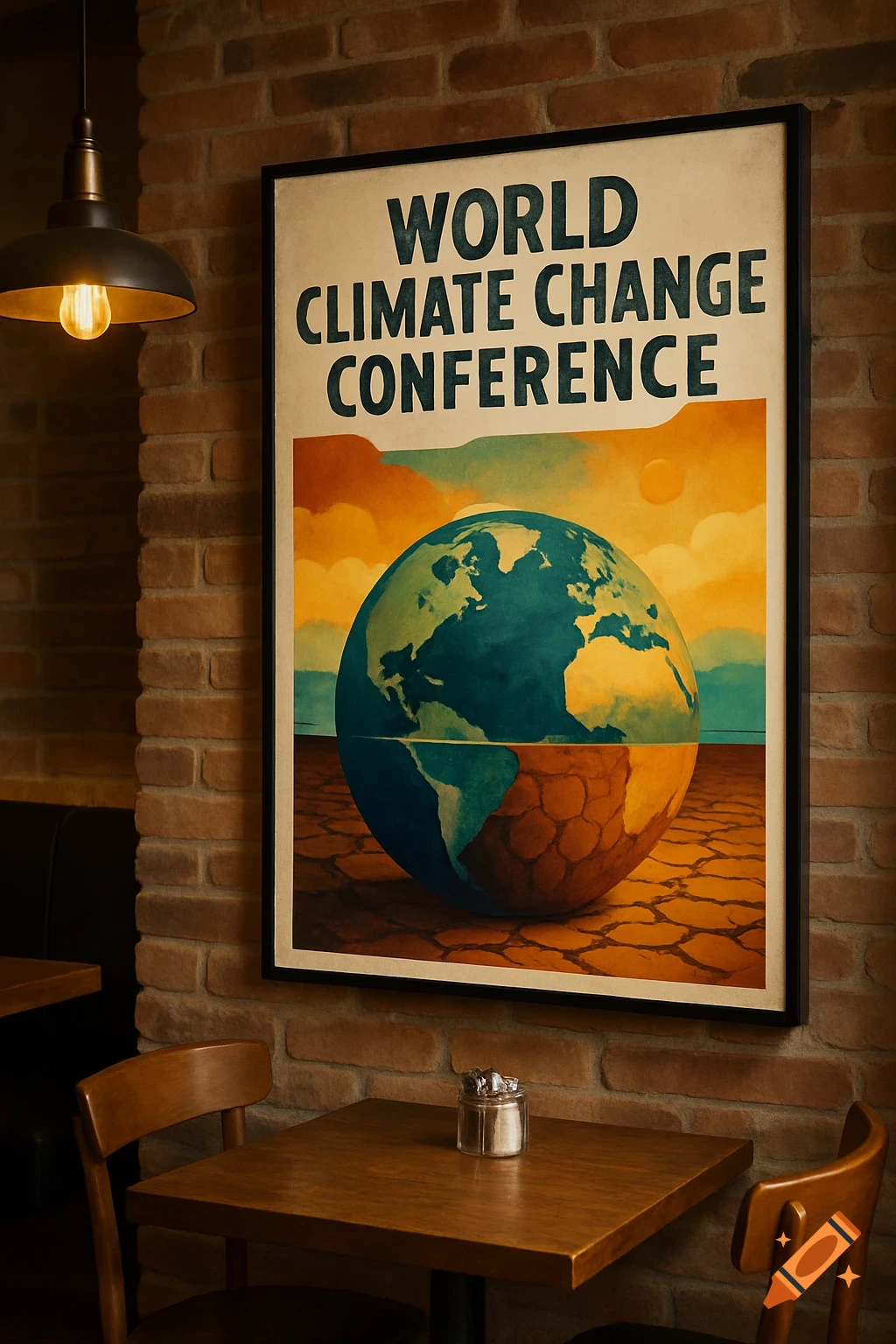 A 'World Climate Change Conference' poster on a brick wall in a cafe showing half earth and half dry cracked ground.