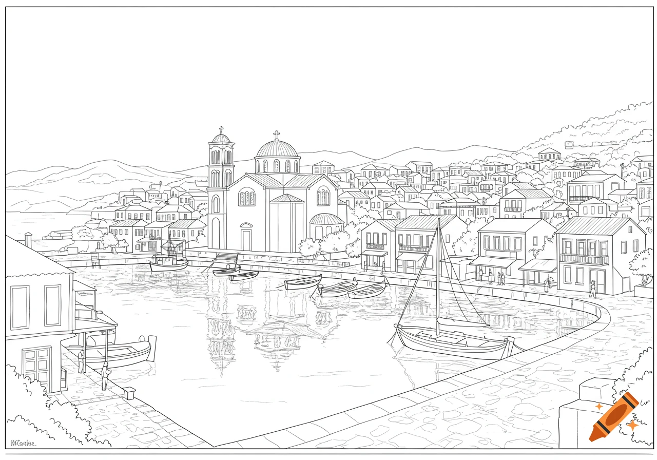 Line drawing of a Greek coastal town with church and boats in a harbor, for coloring.