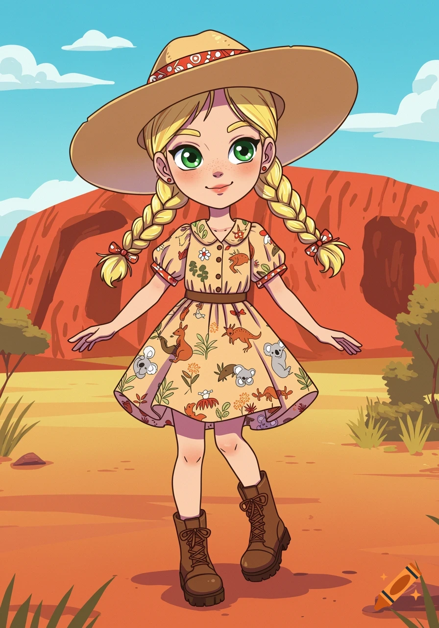 Cartoon girl in an Australian animal print dress and hat in a desert landscape.