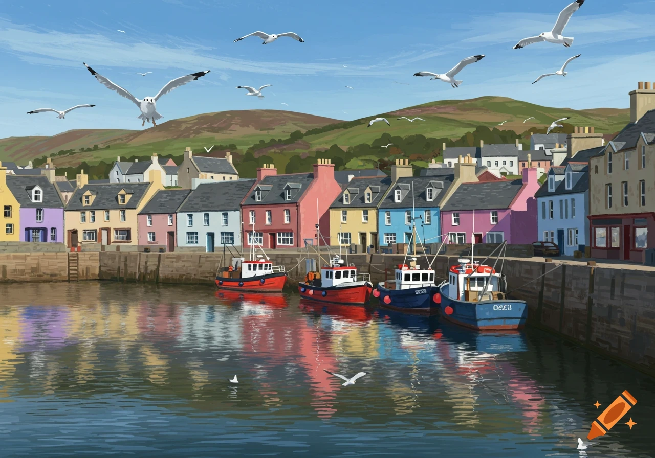 Colorful harbor town with fishing boats, buildings, and seagulls flying overhead.