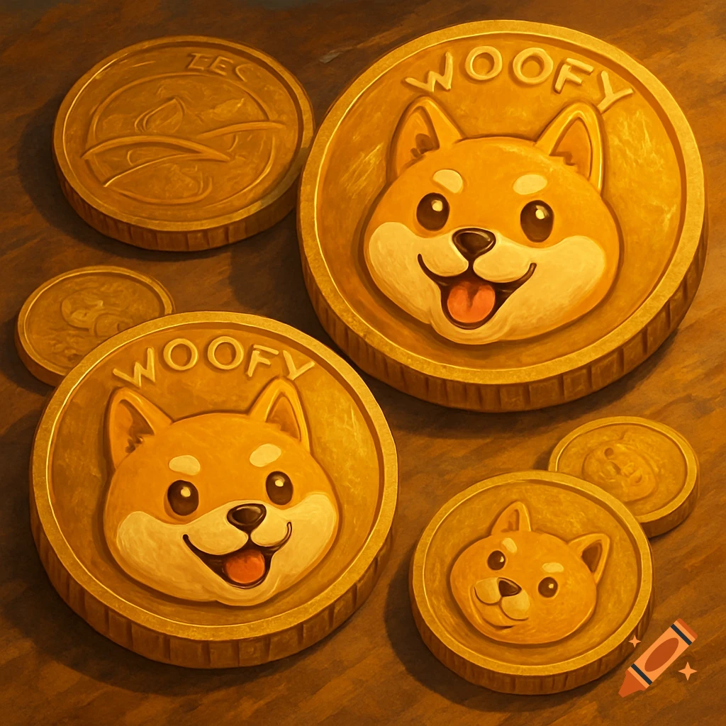 Several golden coins featuring cartoon Shiba Inu faces on a table
