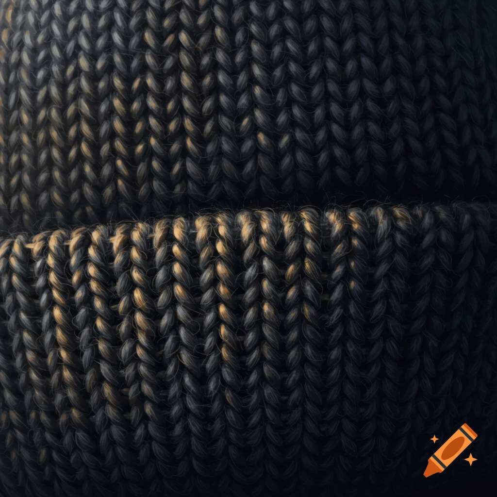 Close-up view of a dark knitted texture with flecks of brown.