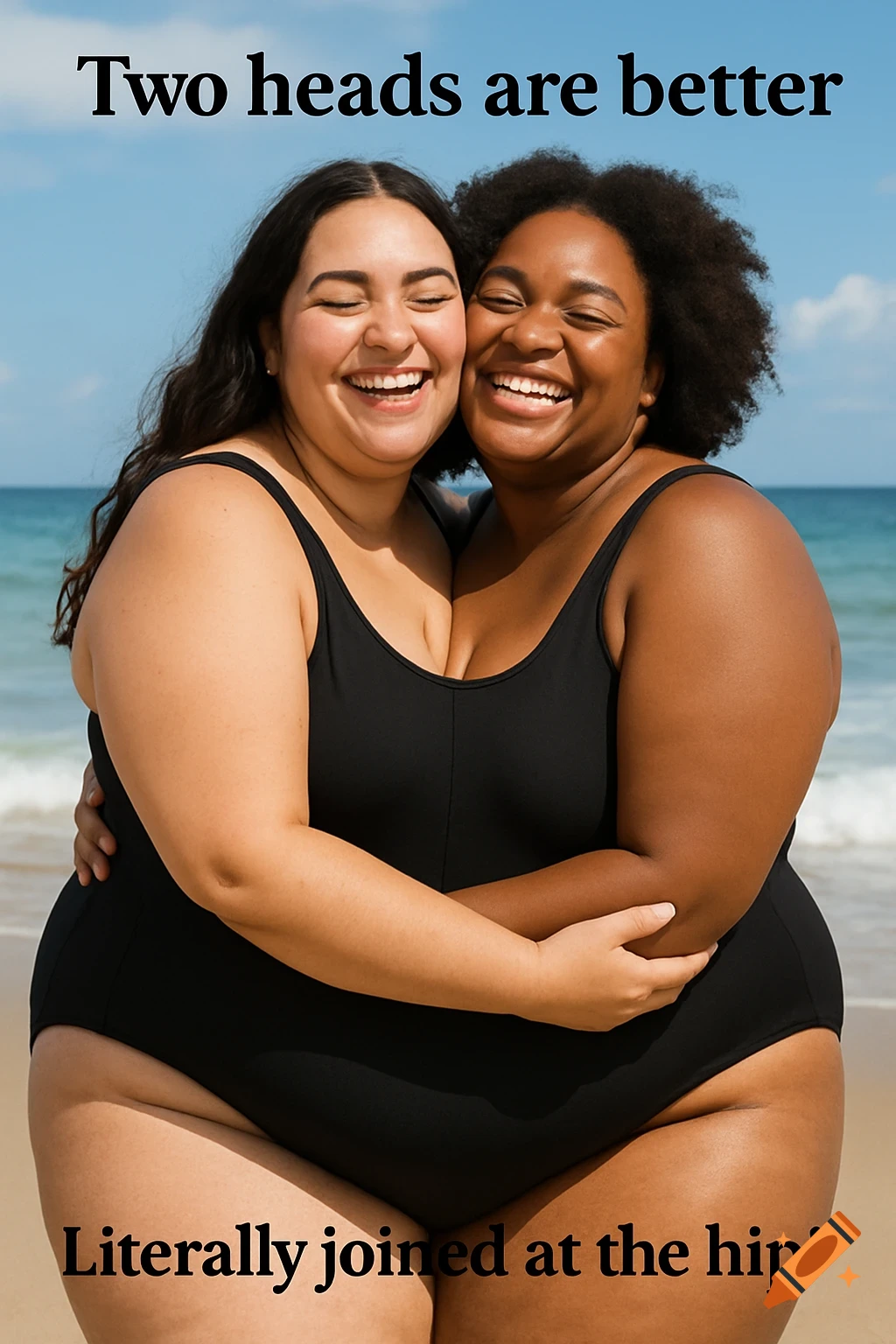 Two smiling women appear joined at the hip on a beach with text overlay.